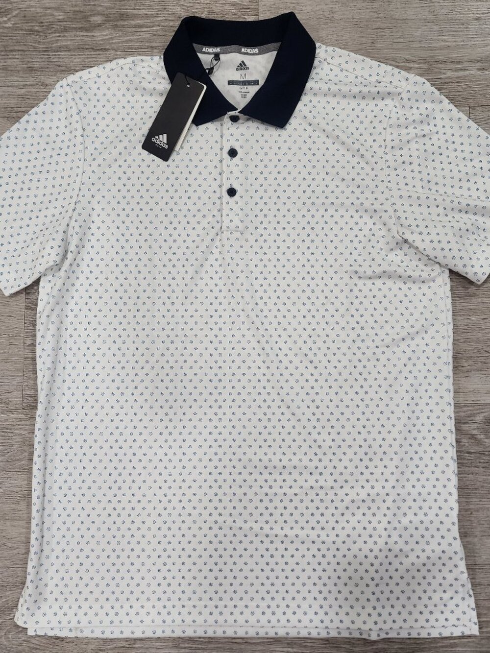 Adidas Polo Shirt Men's M White Blue Diamond Logo Dot Print Golf Stretch NWT